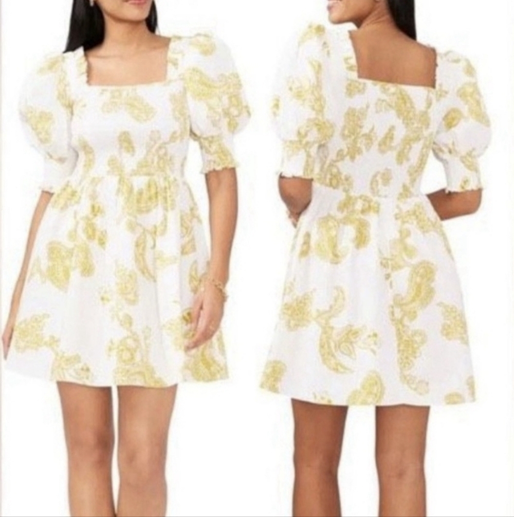 1. STATE Bodice Dress Womens Lime Green Floral Smocked Puff Sleeve Size M